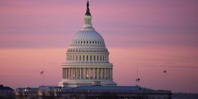 The United States capitol dome at dawn